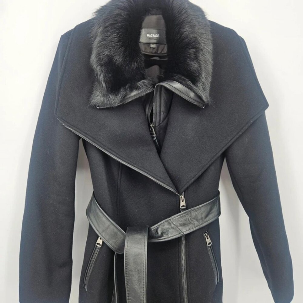 Mackage Nori-sh Black - Ladies Wool Coat w/ Shearling Fur Collar Size M New